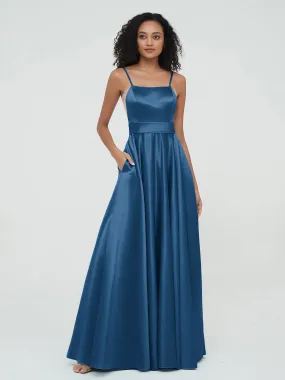 A-ligne Bretelles Spaghetti Robes Maxi en Satin Bleu Encre Grande Taille