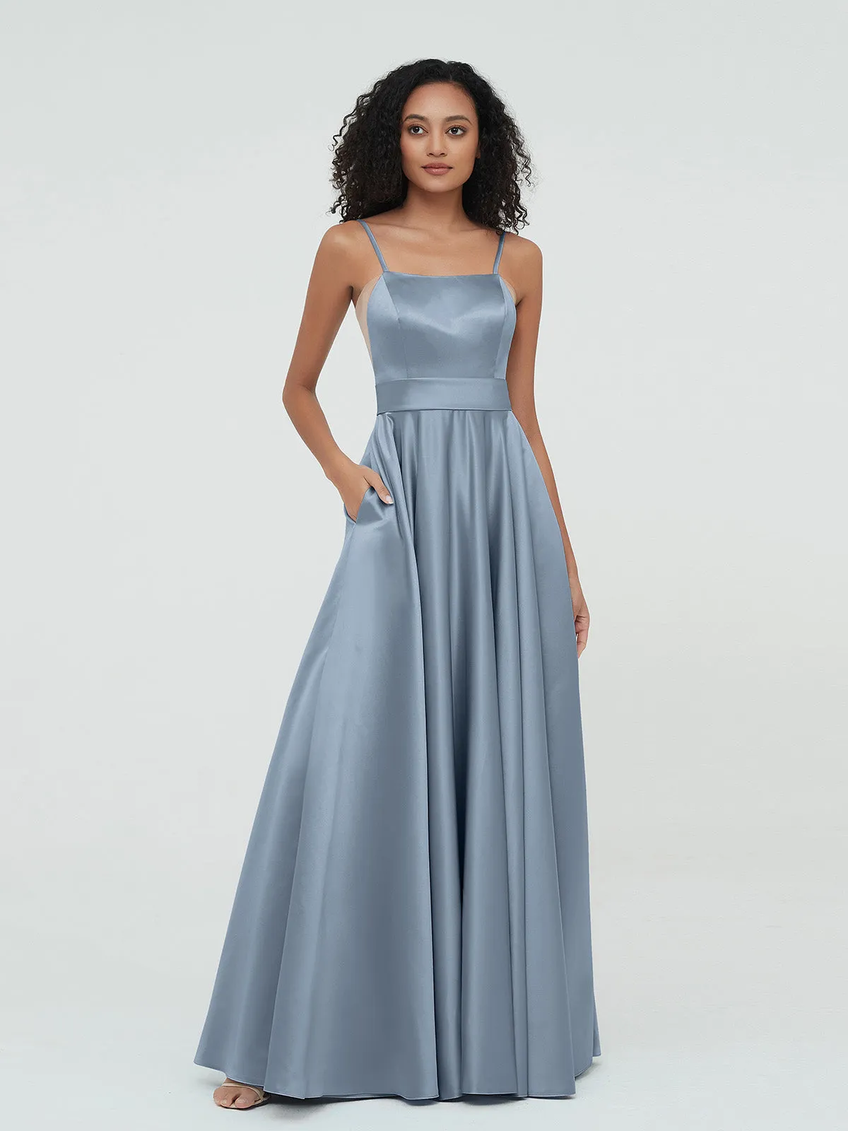 A-ligne Bretelles Spaghetti Robes Maxi en Satin Bleu Poudré Grande Taille