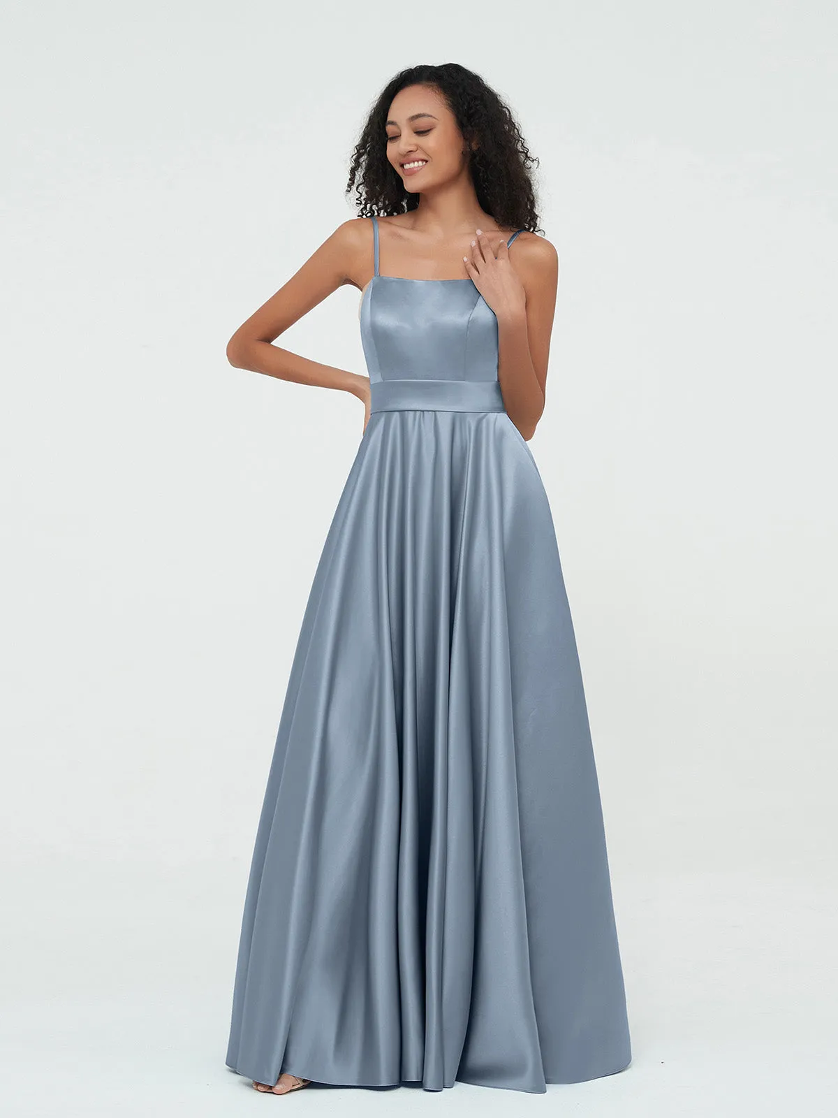 A-ligne Bretelles Spaghetti Robes Maxi en Satin Bleu Poudré Grande Taille