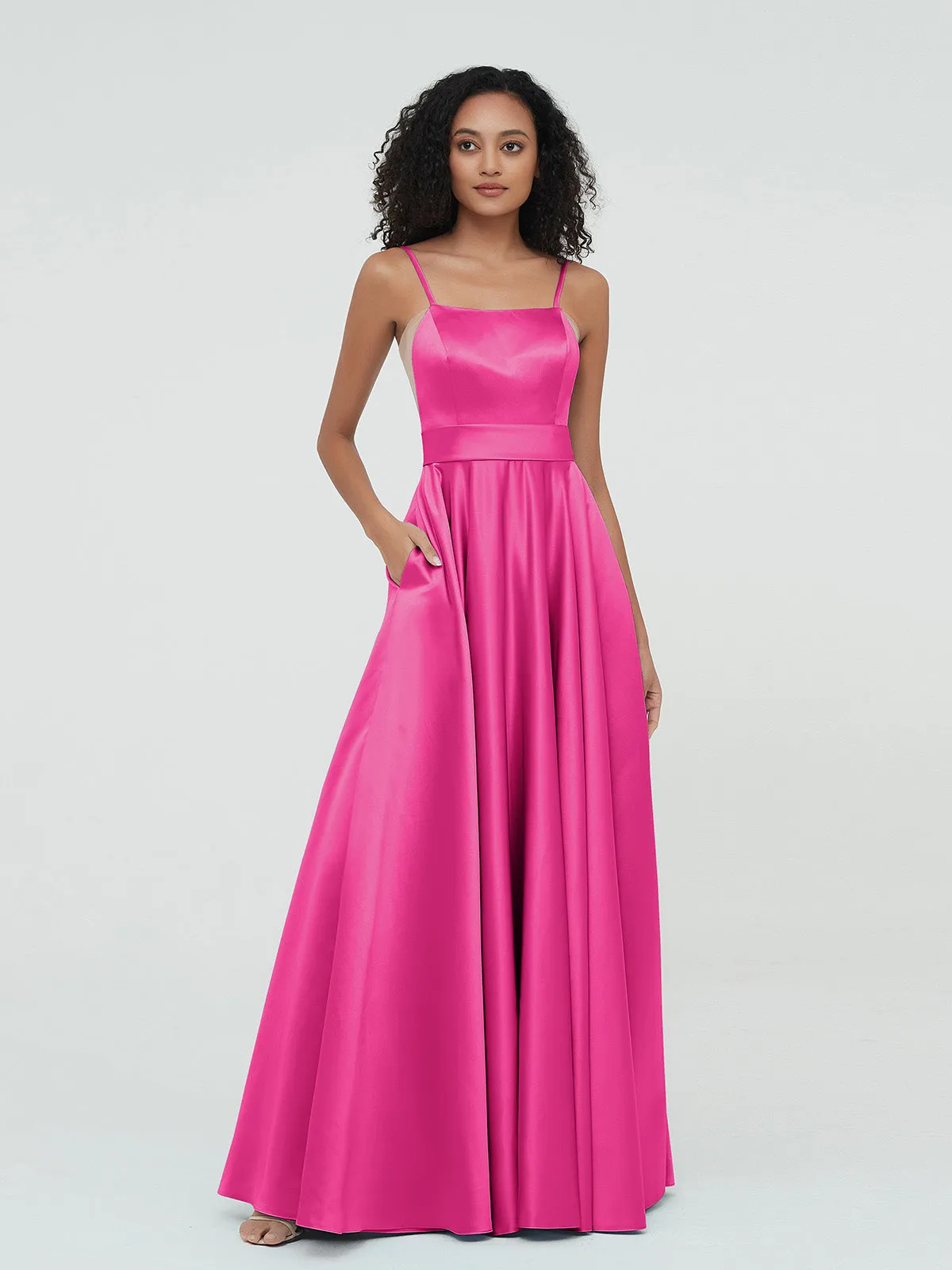 A-ligne Bretelles Spaghetti Robes Maxi en Satin Fuchsia Grande Taille