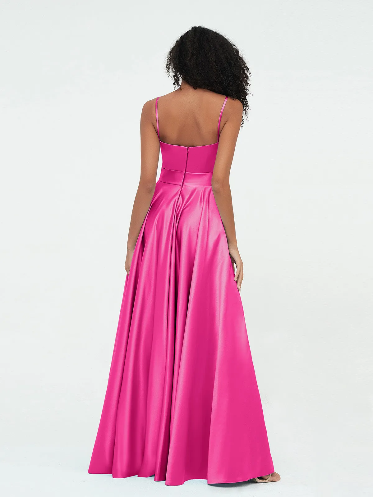 A-ligne Bretelles Spaghetti Robes Maxi en Satin Fuchsia Grande Taille