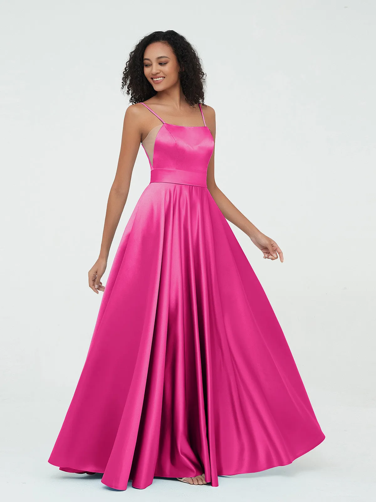 A-ligne Bretelles Spaghetti Robes Maxi en Satin Fuchsia Grande Taille