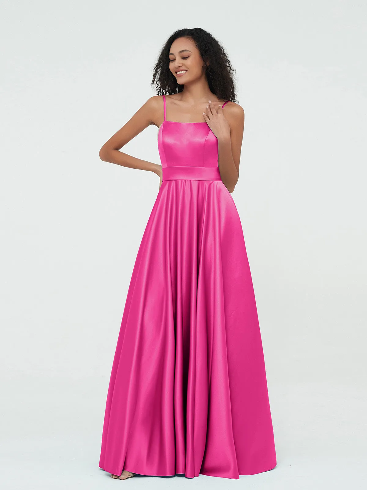 A-ligne Bretelles Spaghetti Robes Maxi en Satin Fuchsia Grande Taille