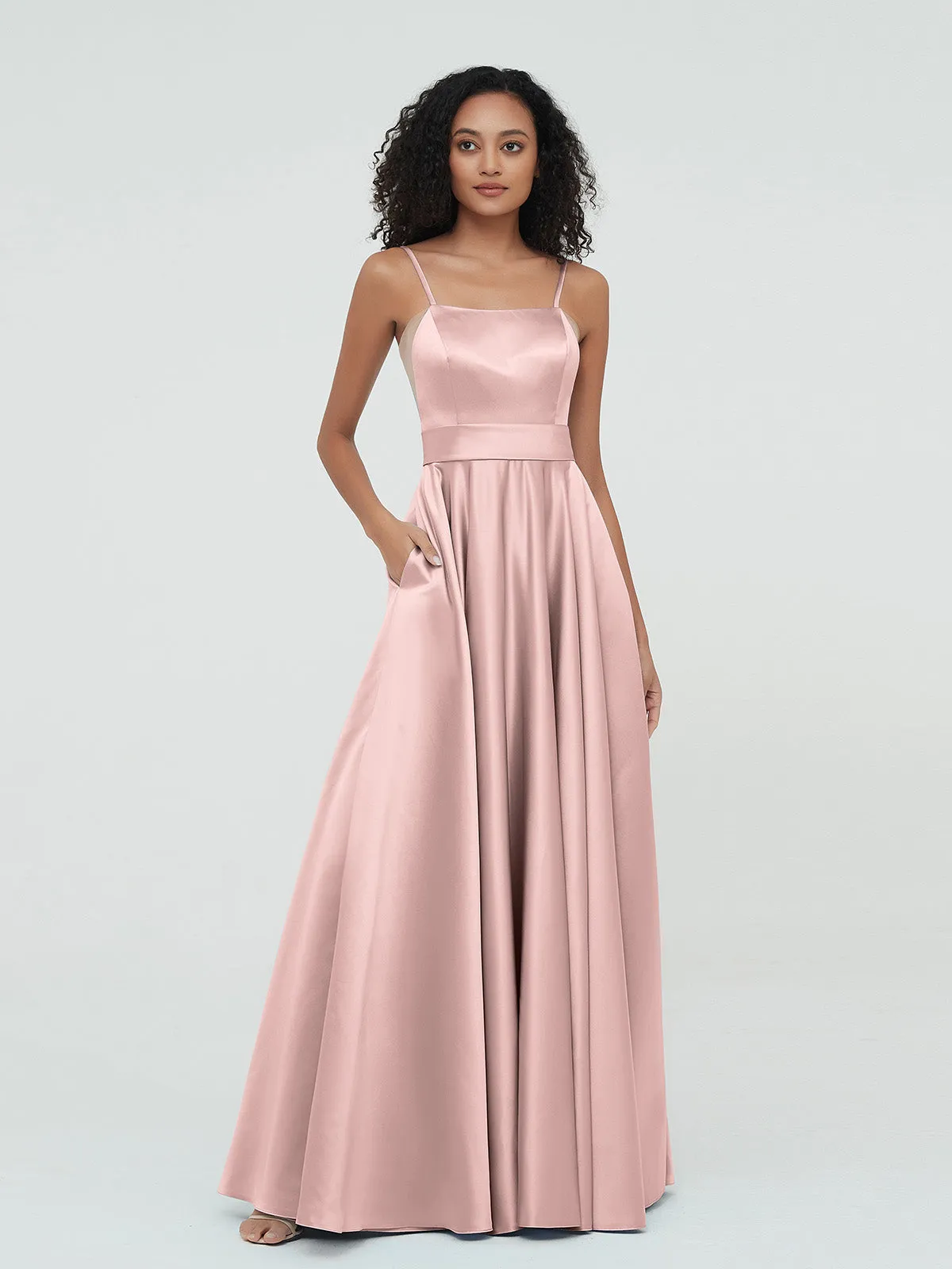 A-ligne Bretelles Spaghetti Robes Maxi en Satin Rose Poudré