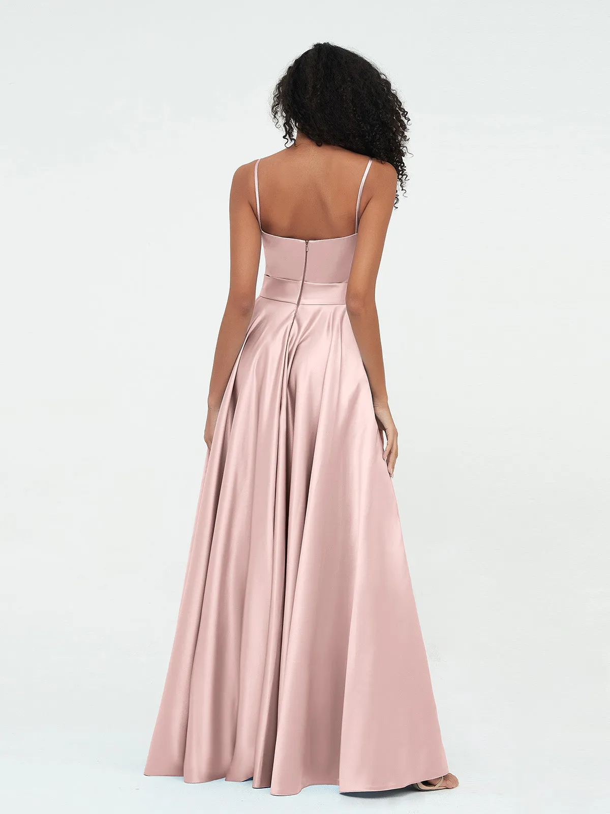 A-ligne Bretelles Spaghetti Robes Maxi en Satin Rose Poudré