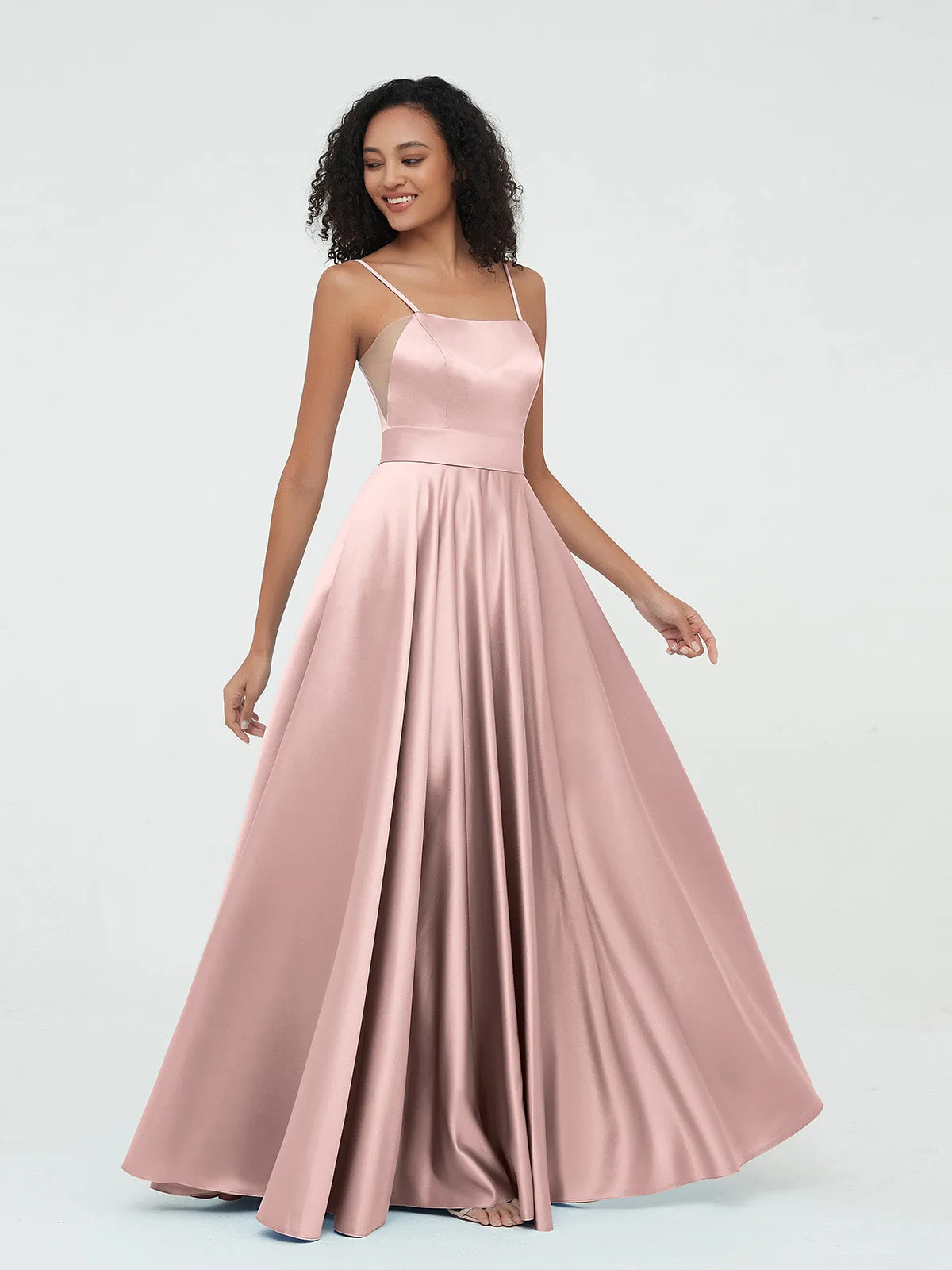 A-ligne Bretelles Spaghetti Robes Maxi en Satin Rose Poudré