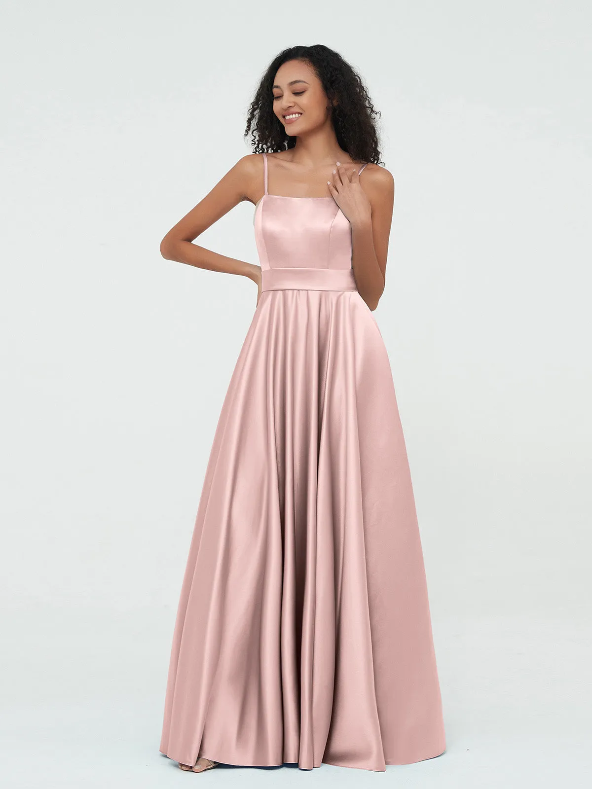 A-ligne Bretelles Spaghetti Robes Maxi en Satin Rose Poudré