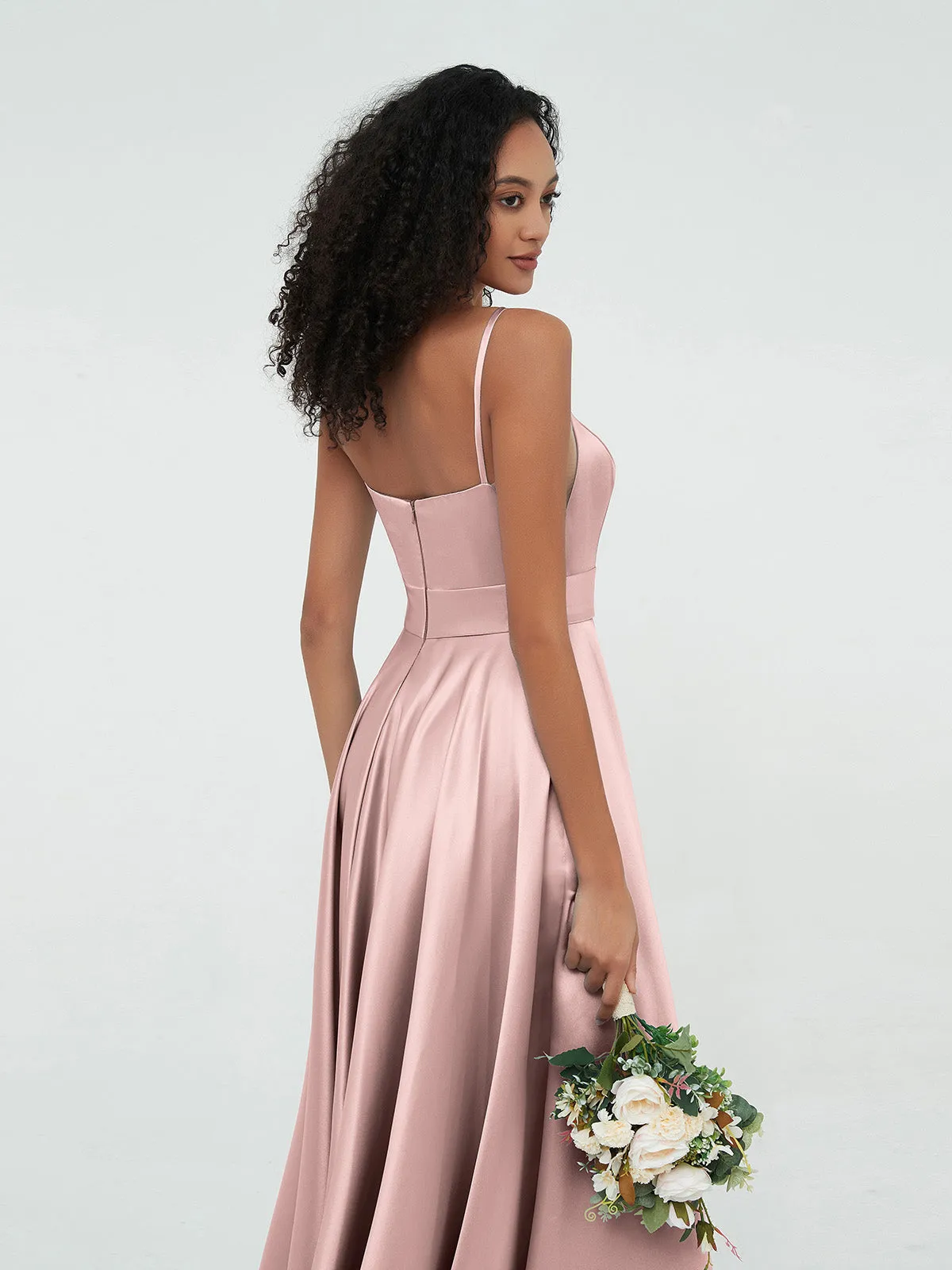 A-ligne Bretelles Spaghetti Robes Maxi en Satin Rose Poudré