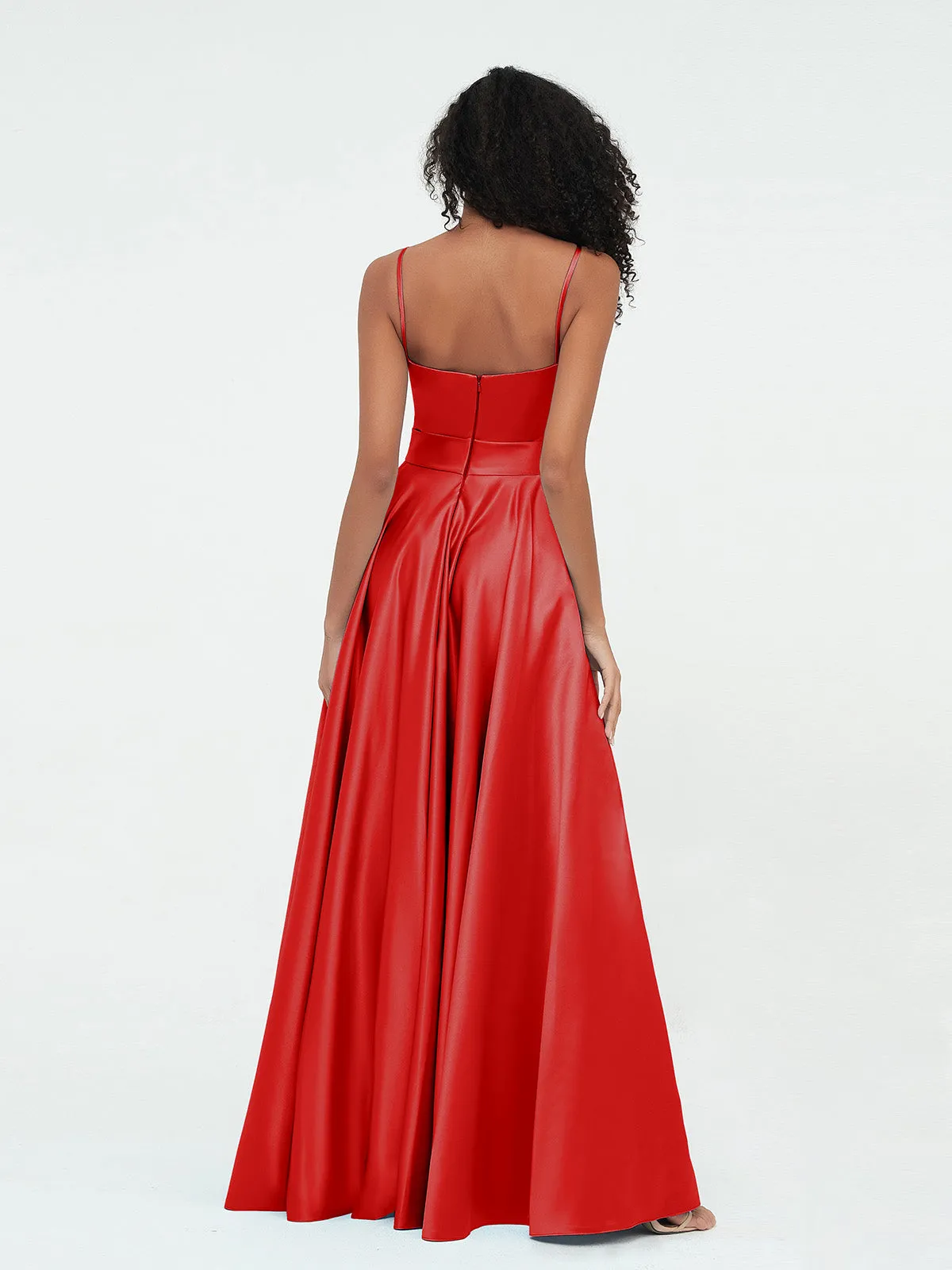 A-ligne Bretelles Spaghetti Robes Maxi en Satin Rouge Grande Taille