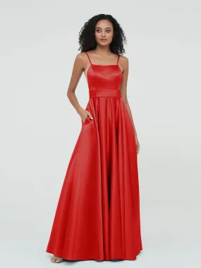 A-ligne Bretelles Spaghetti Robes Maxi en Satin Rouge Grande Taille