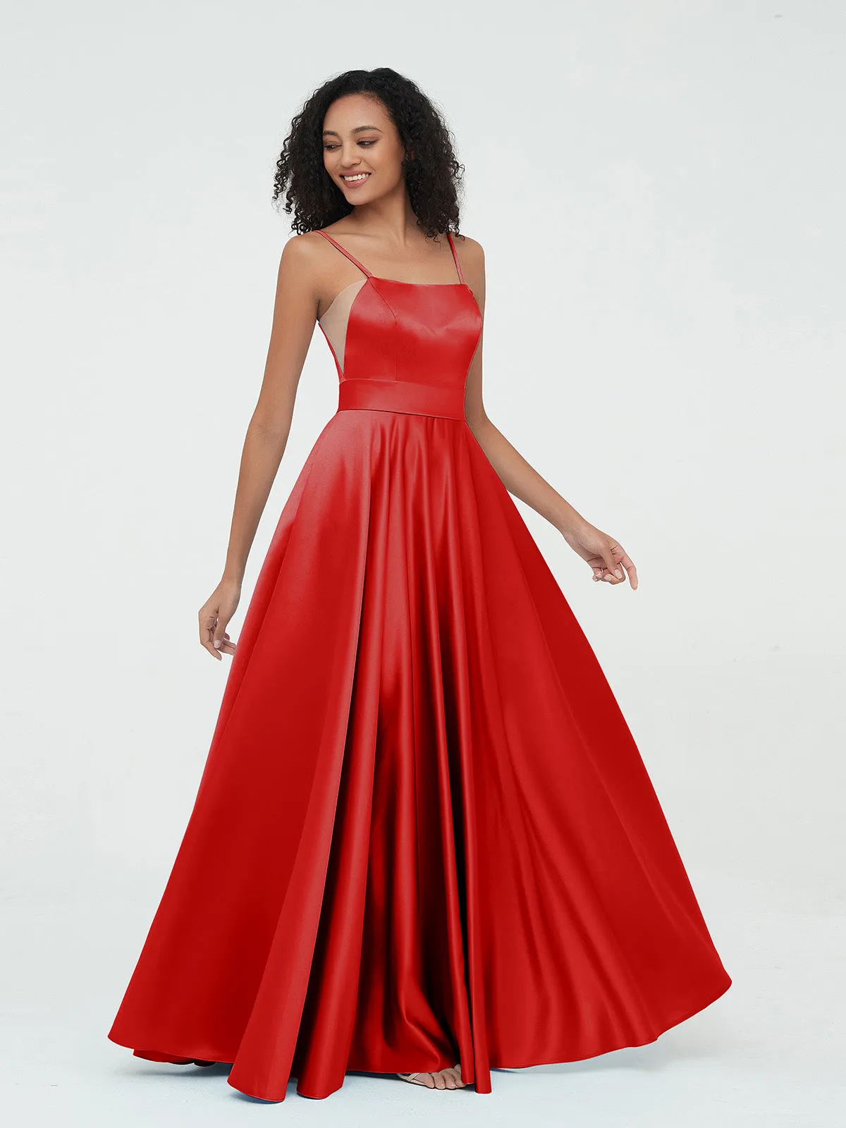 A-ligne Bretelles Spaghetti Robes Maxi en Satin Rouge Grande Taille