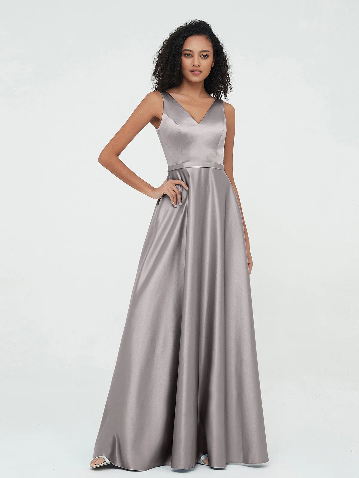 A-ligne Robes Maxi à Col en V en Satin avec Poches Argent Grande Taille