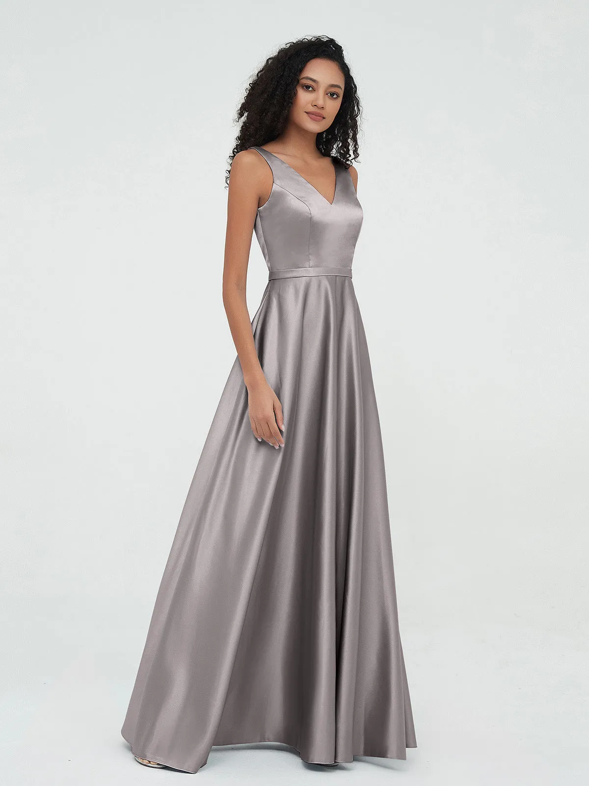 A-ligne Robes Maxi à Col en V en Satin avec Poches Argent Grande Taille