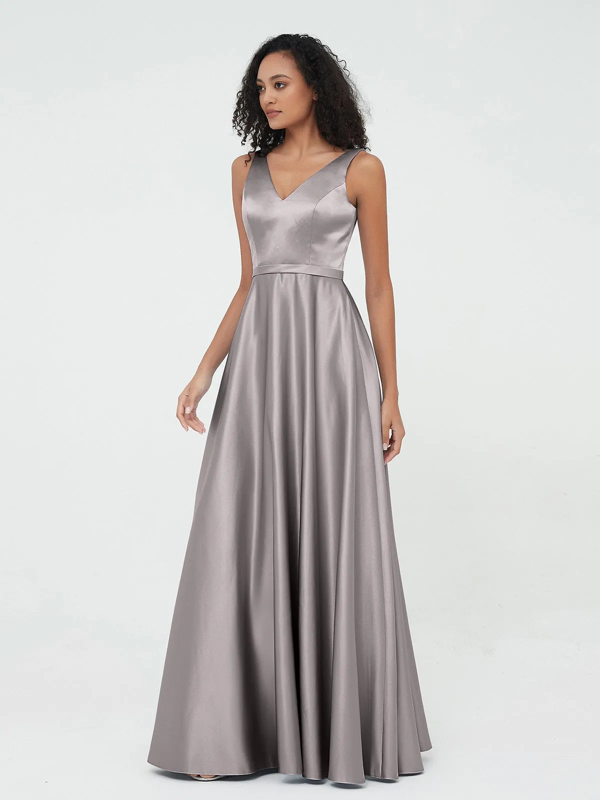 A-ligne Robes Maxi à Col en V en Satin avec Poches Argent Grande Taille