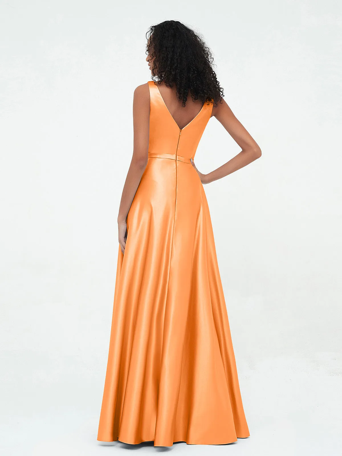 A-ligne Robes Maxi à Col en V en Satin avec Poches Orange Grande Taille