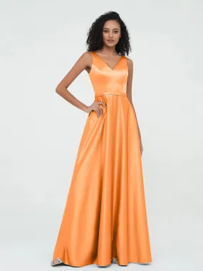 A-ligne Robes Maxi à Col en V en Satin avec Poches Orange Grande Taille