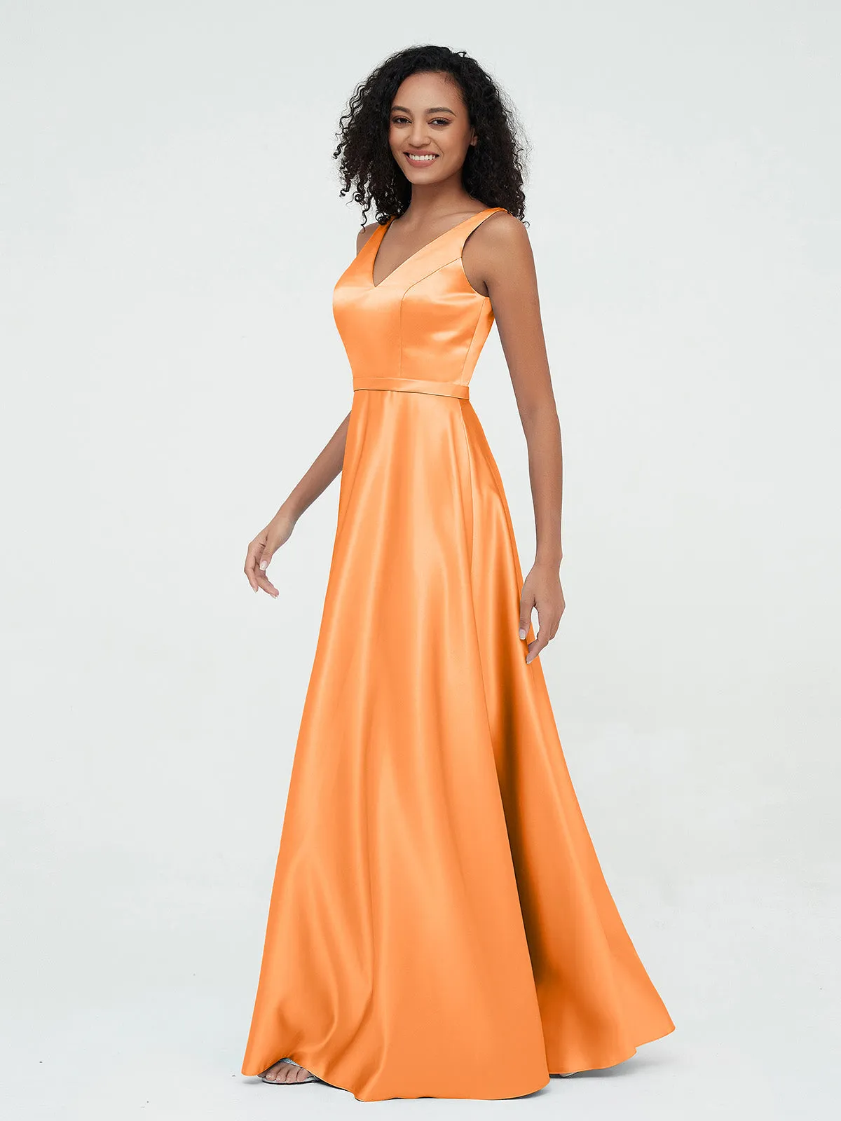 A-ligne Robes Maxi à Col en V en Satin avec Poches Orange Grande Taille