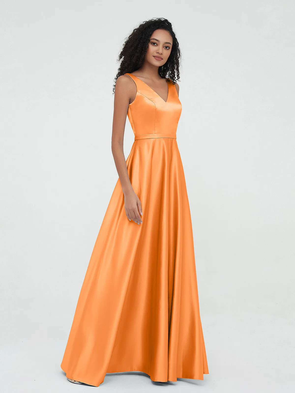 A-ligne Robes Maxi à Col en V en Satin avec Poches Orange Grande Taille