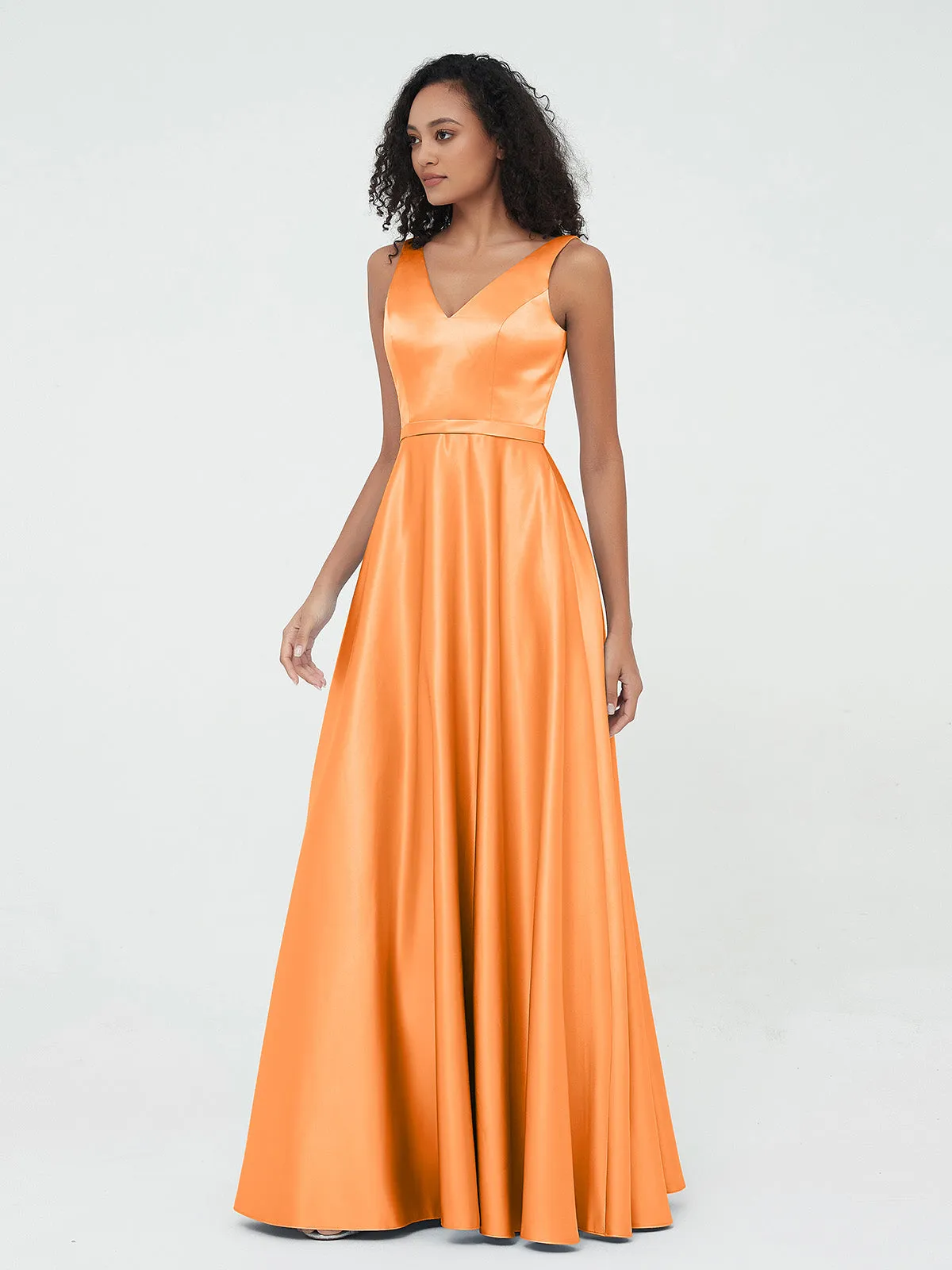 A-ligne Robes Maxi à Col en V en Satin avec Poches Orange Grande Taille