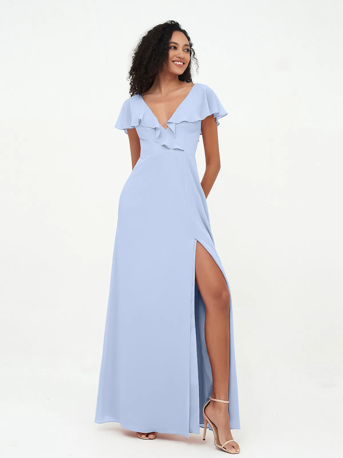 A-ligne Robes à Col en V en Mousseline avec Poches Bleu Ciel Grande Taille