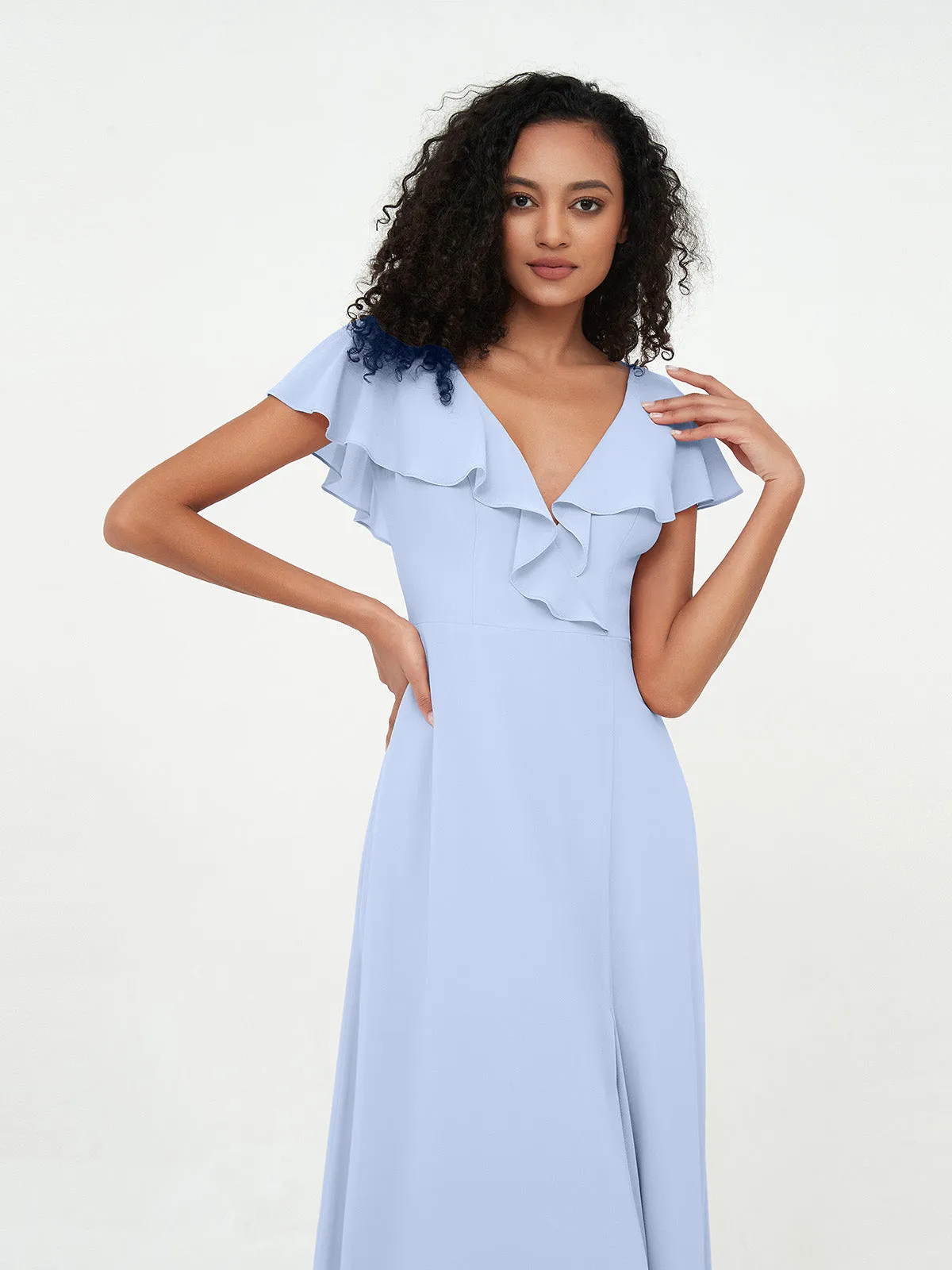 A-ligne Robes à Col en V en Mousseline avec Poches Bleu Ciel Grande Taille