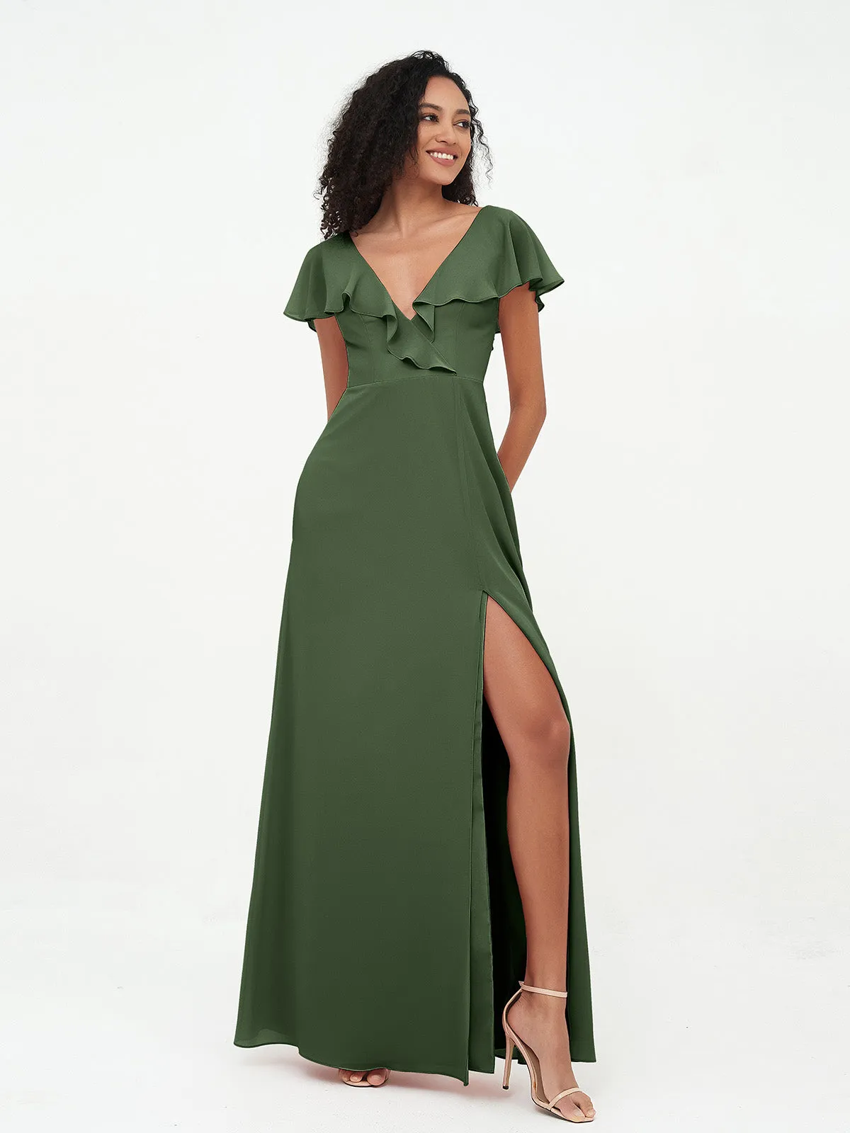 A-ligne Robes à Col en V en Mousseline avec Poches Olive Verte Grande Taille