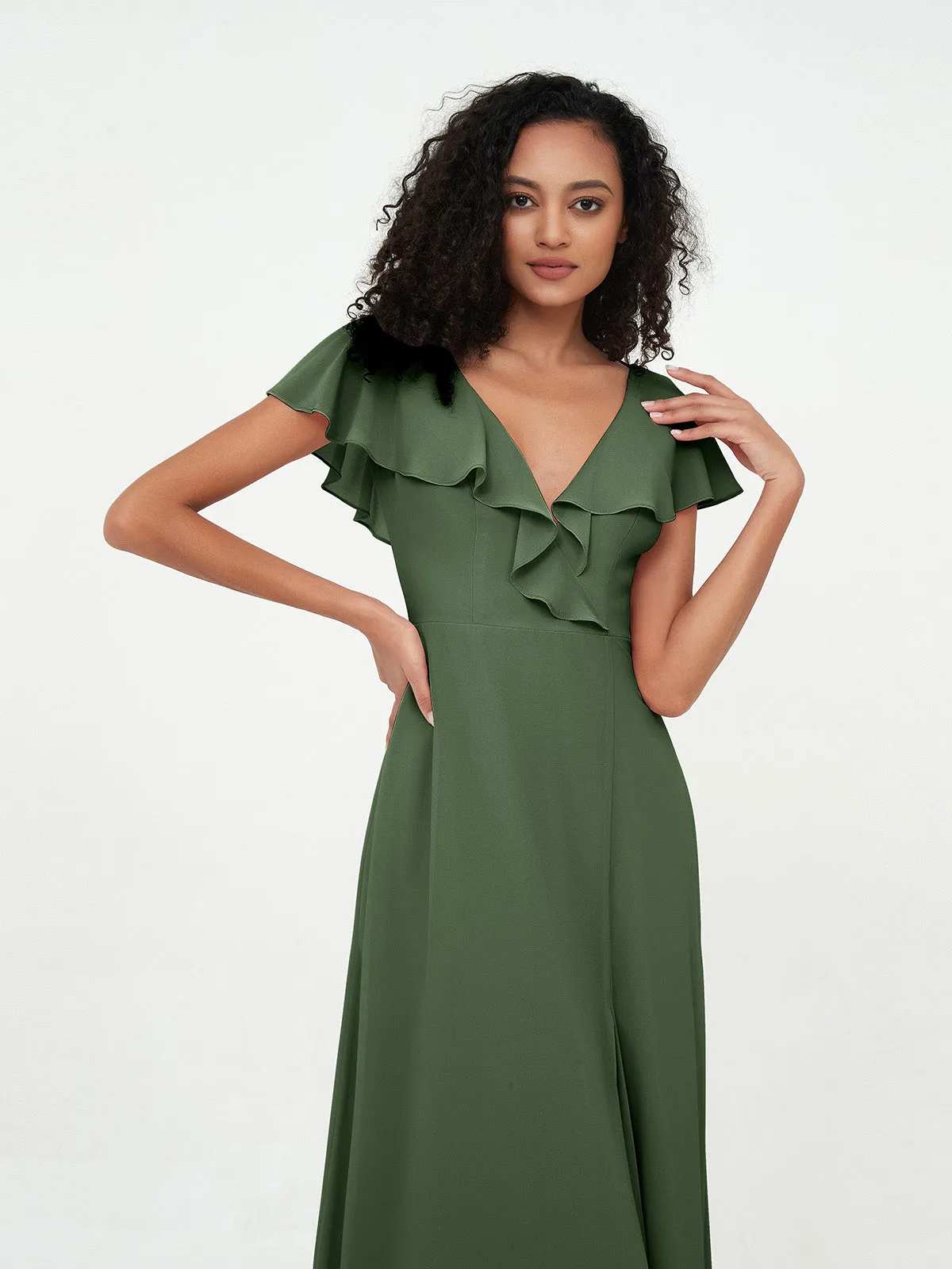 A-ligne Robes à Col en V en Mousseline avec Poches Olive Verte Grande Taille