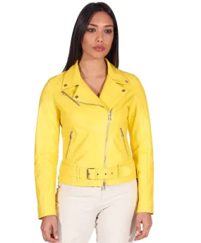 Blouson cuir femme motard jaune