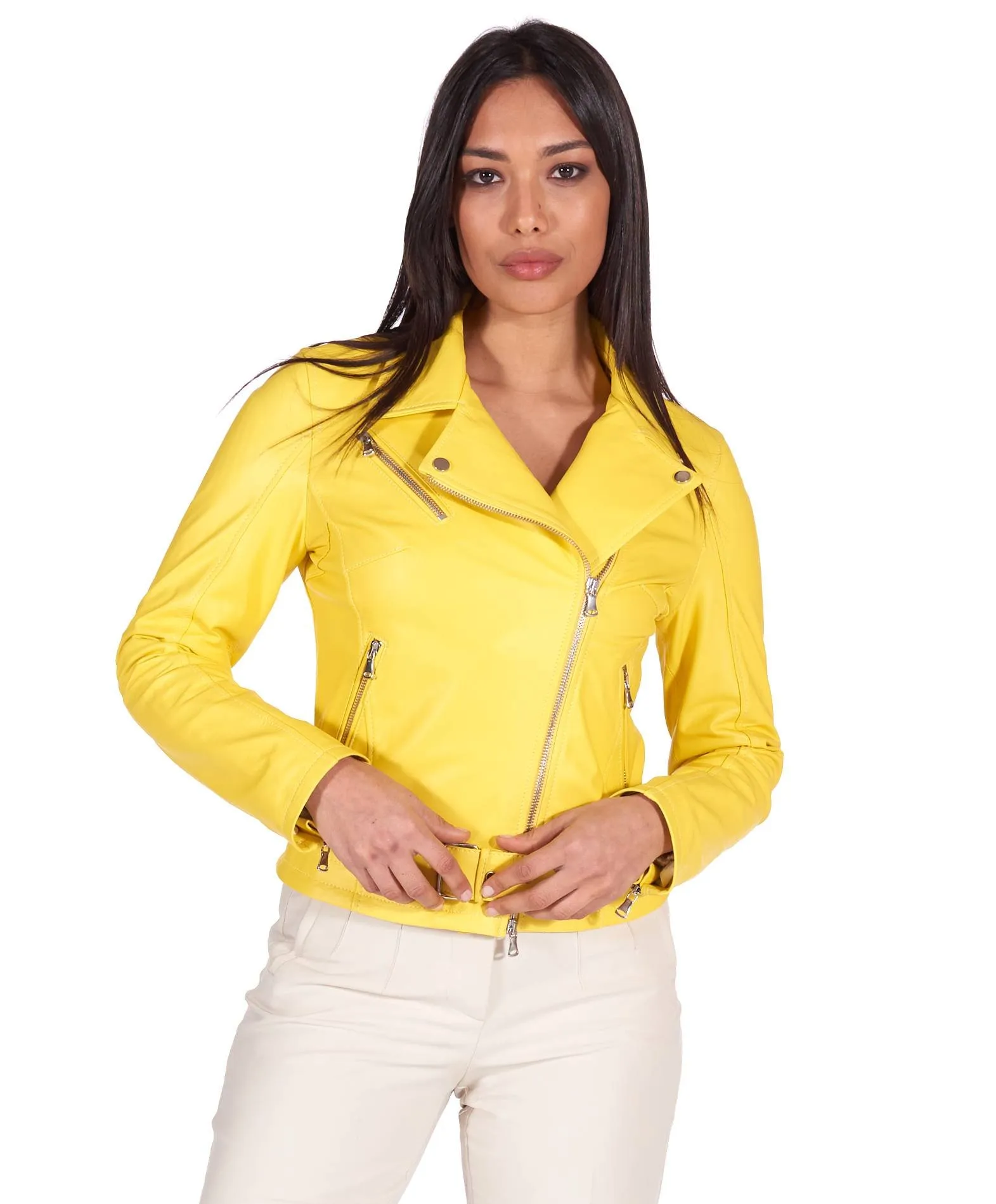 Blouson cuir femme motard jaune