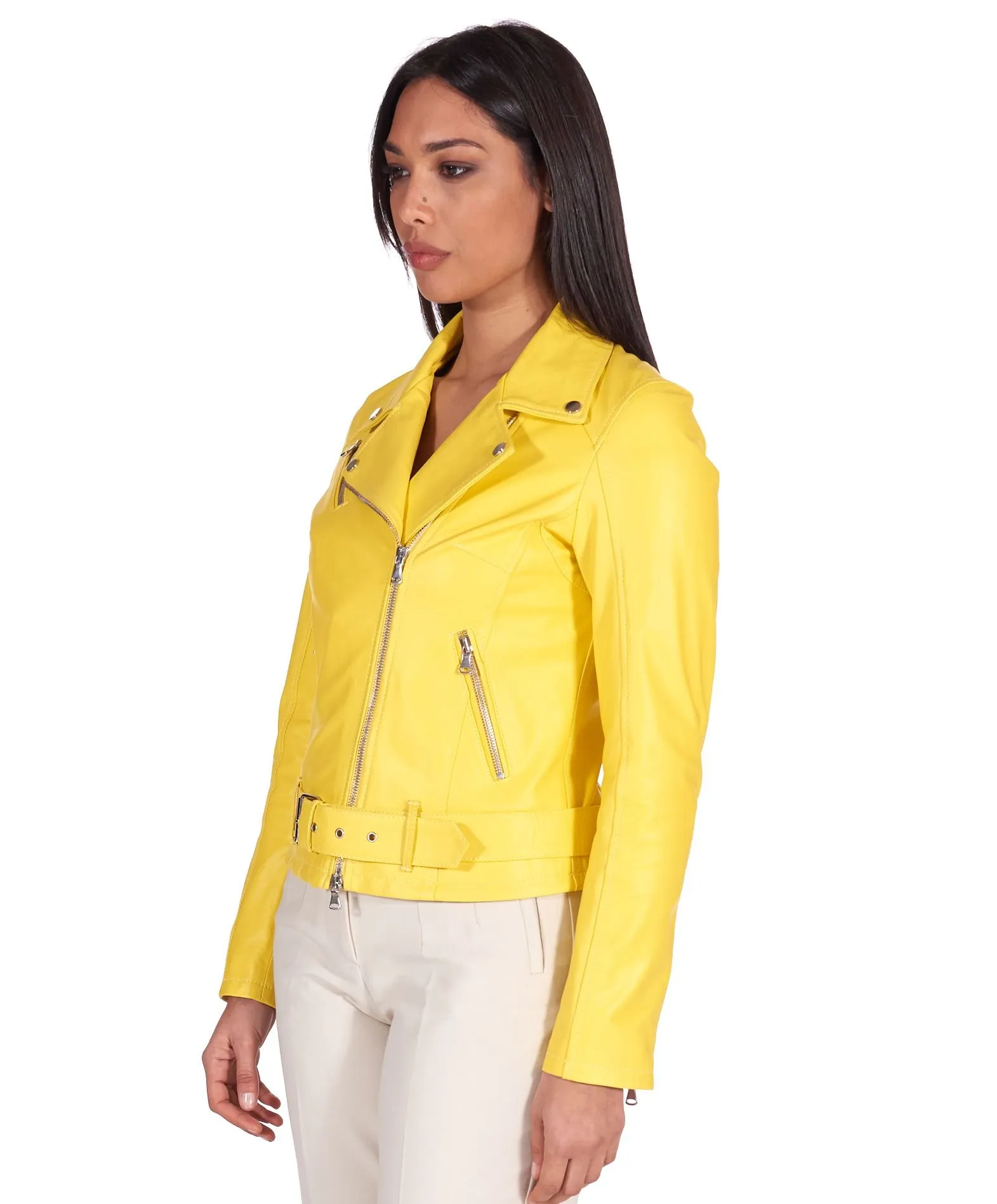 Blouson cuir femme motard jaune