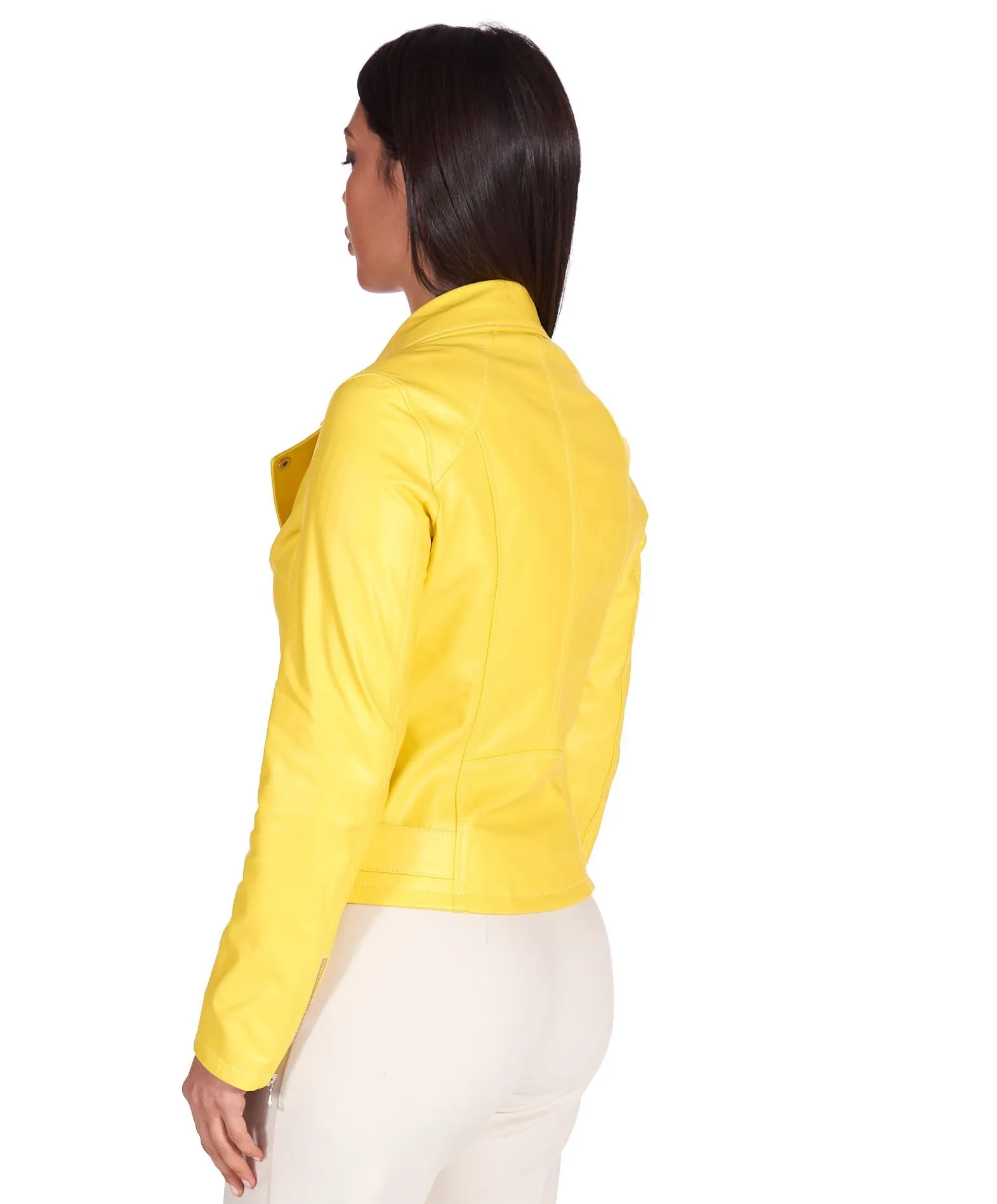 Blouson cuir femme motard jaune