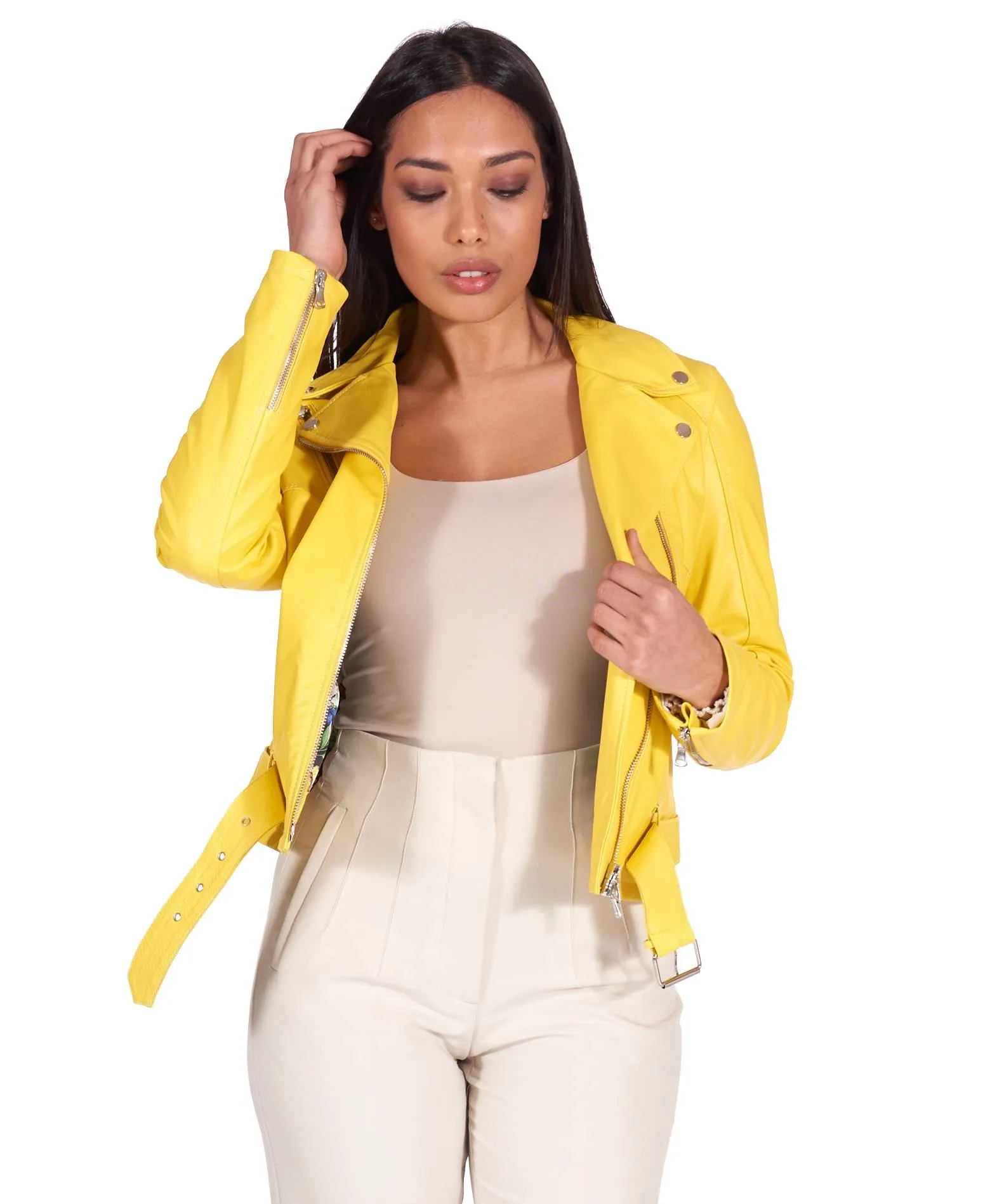 Blouson cuir femme motard jaune