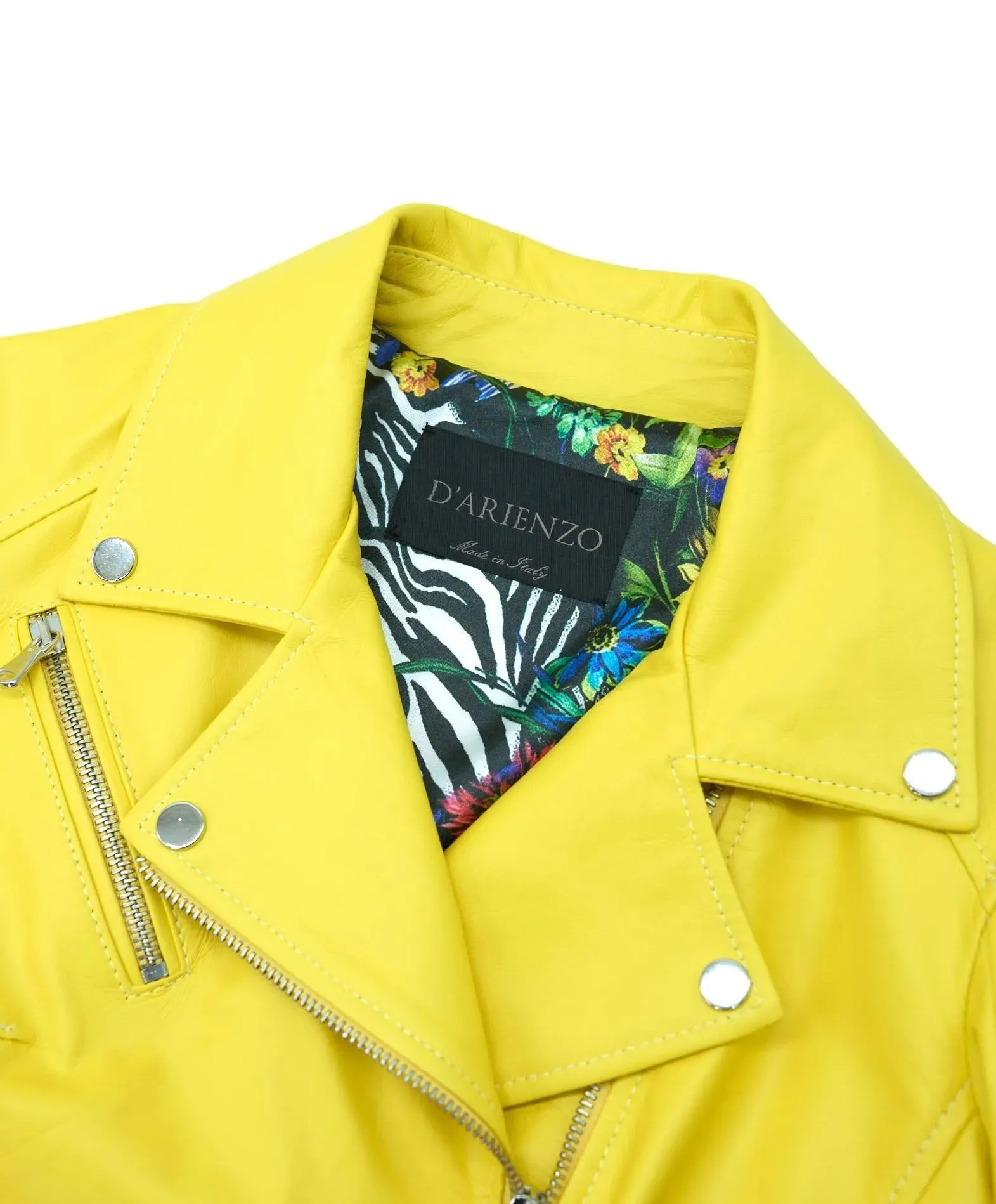 Blouson cuir femme motard jaune