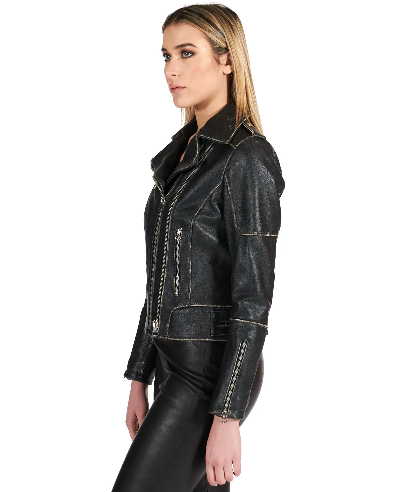 Blouson cuir femme motard noir vintage 