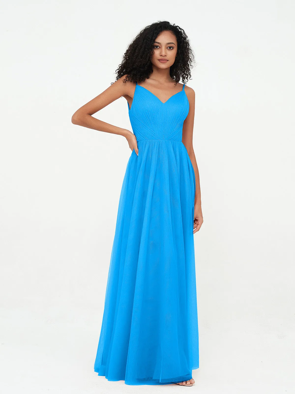 Bretelles Spaghetti Robes Maxi Plissé en Tulle Bleu Océan Grande Taille