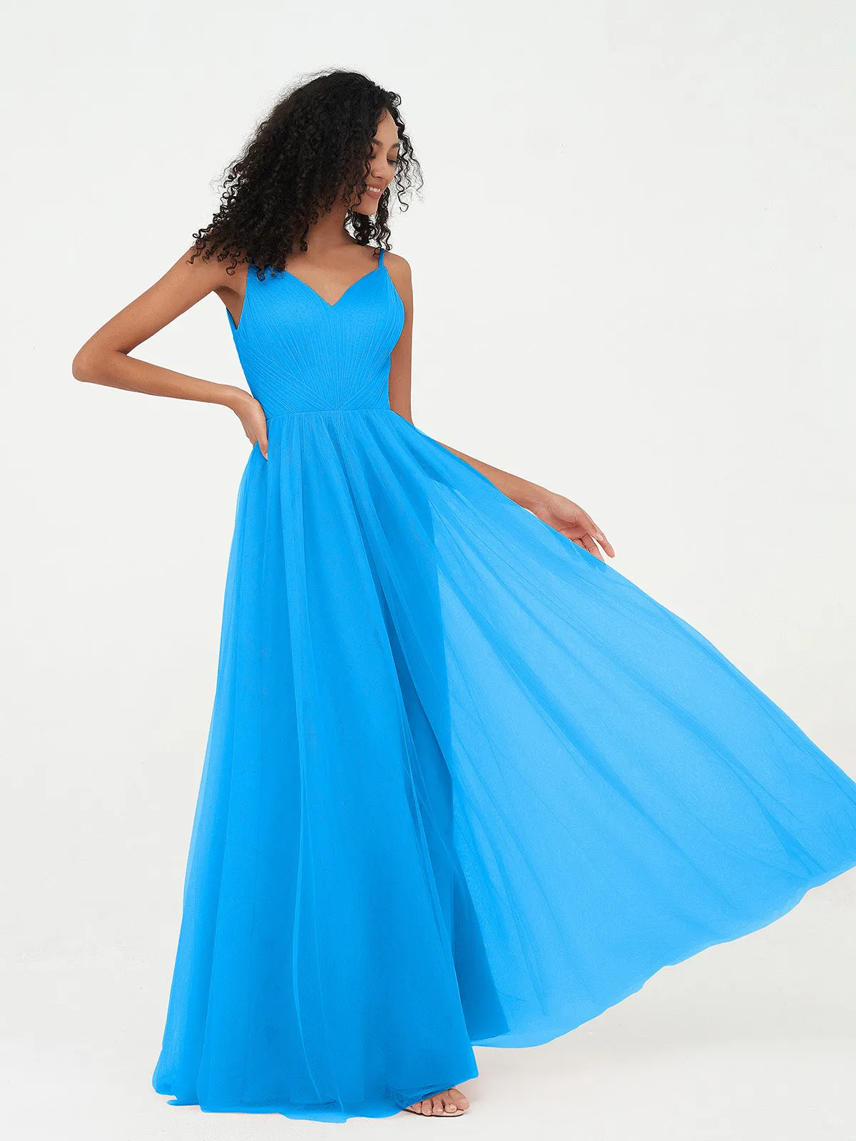 Bretelles Spaghetti Robes Maxi Plissé en Tulle Bleu Océan Grande Taille