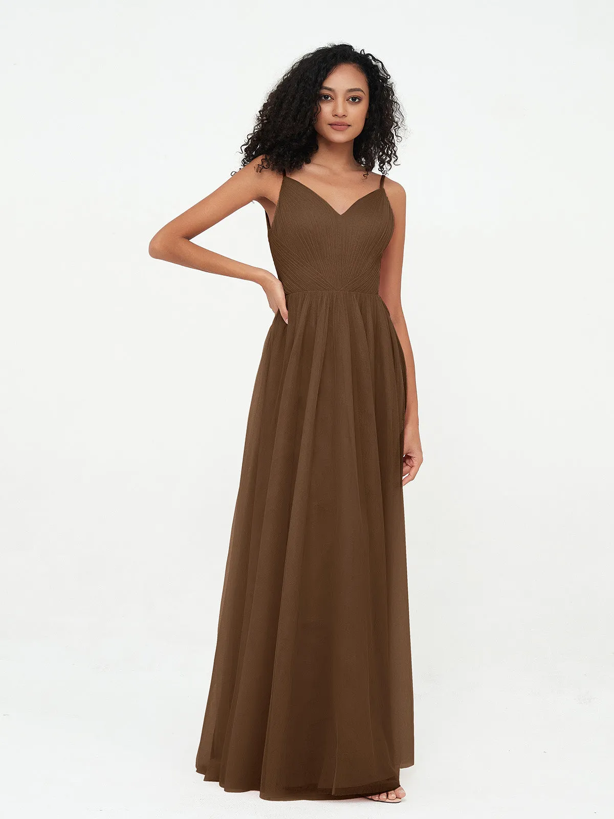 Bretelles Spaghetti Robes Maxi Plissé en Tulle Brun Grande Taille