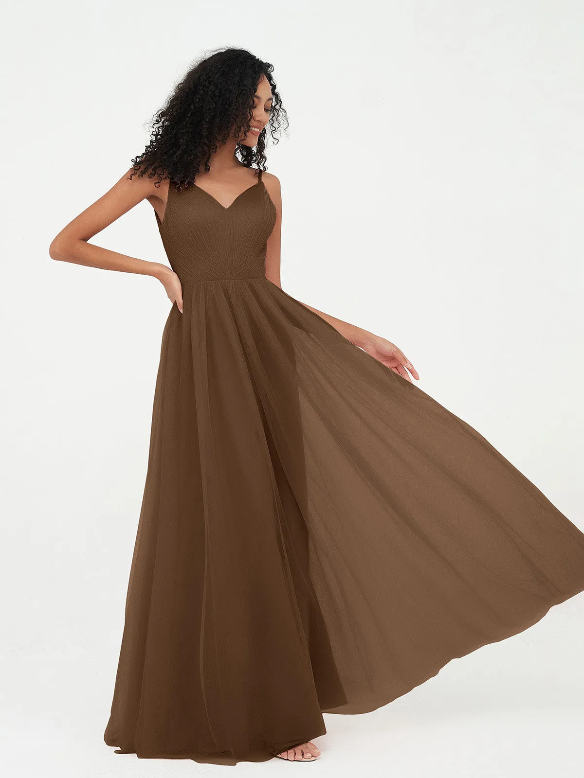 Bretelles Spaghetti Robes Maxi Plissé en Tulle Brun Grande Taille