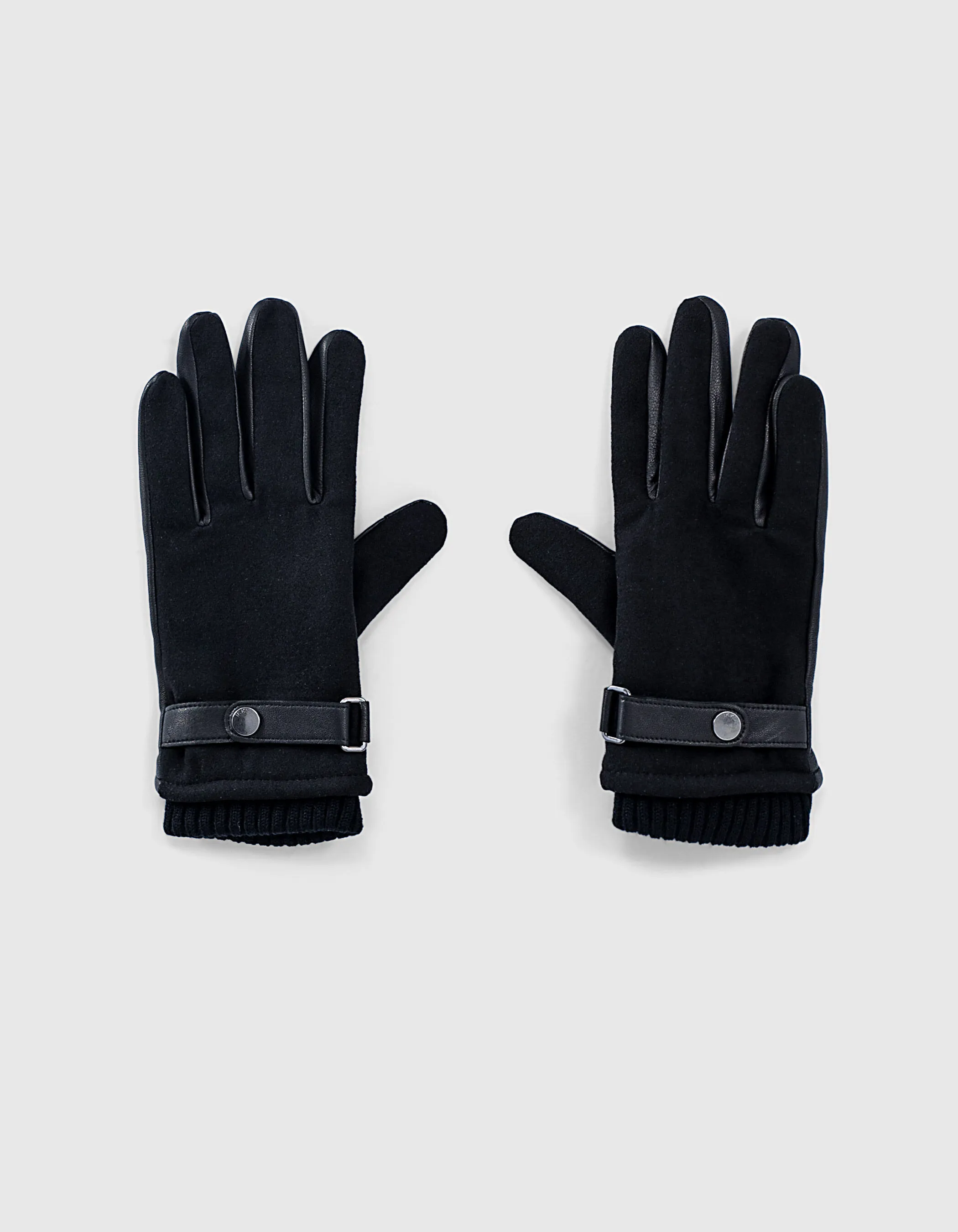 Gants noirs bi matière en cuir et laine feutrée Homme