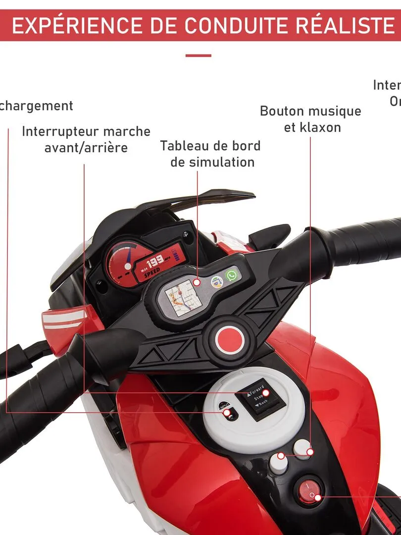 Moto électrique pour enfants 3 roues 6 V 3 Km/h effets lumineux et sonores - Rouge