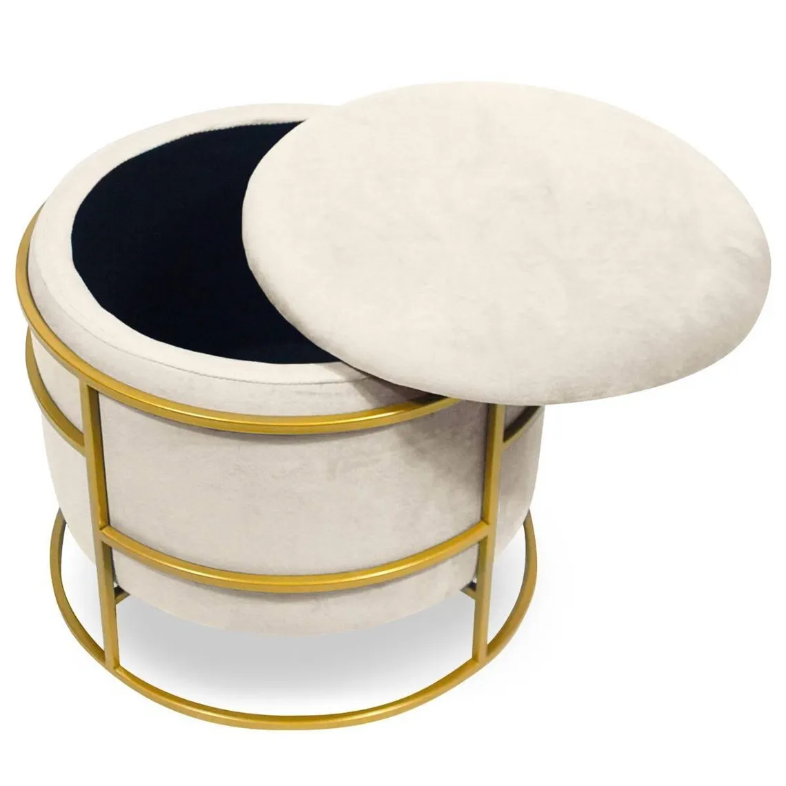 Pouf coffre rond en velours Beige  | 3 Suisses