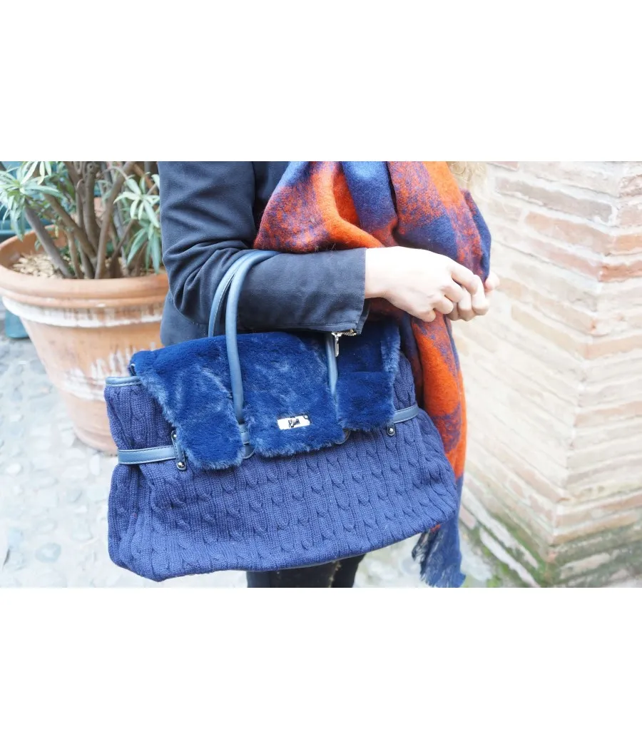 SANTAIA SAC MAIN BANDOULIERE TRICOT FAUSSE FOURRURE BLEUE RABAT