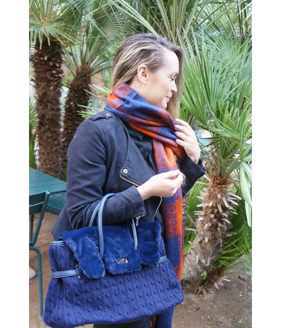 SANTAIA SAC MAIN BANDOULIERE TRICOT FAUSSE FOURRURE BLEUE RABAT