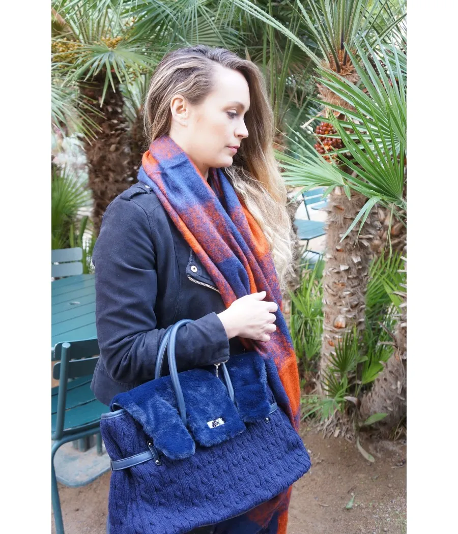 SANTAIA SAC MAIN BANDOULIERE TRICOT FAUSSE FOURRURE BLEUE RABAT