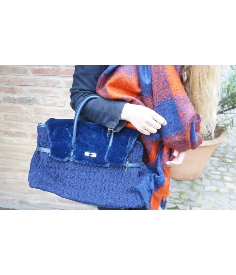 SANTAIA SAC MAIN BANDOULIERE TRICOT FAUSSE FOURRURE BLEUE RABAT