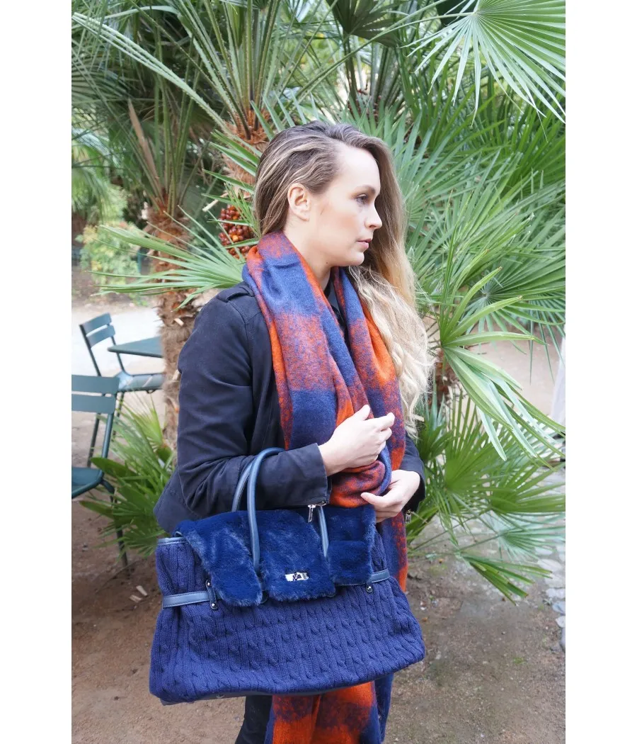 SANTAIA SAC MAIN BANDOULIERE TRICOT FAUSSE FOURRURE BLEUE RABAT