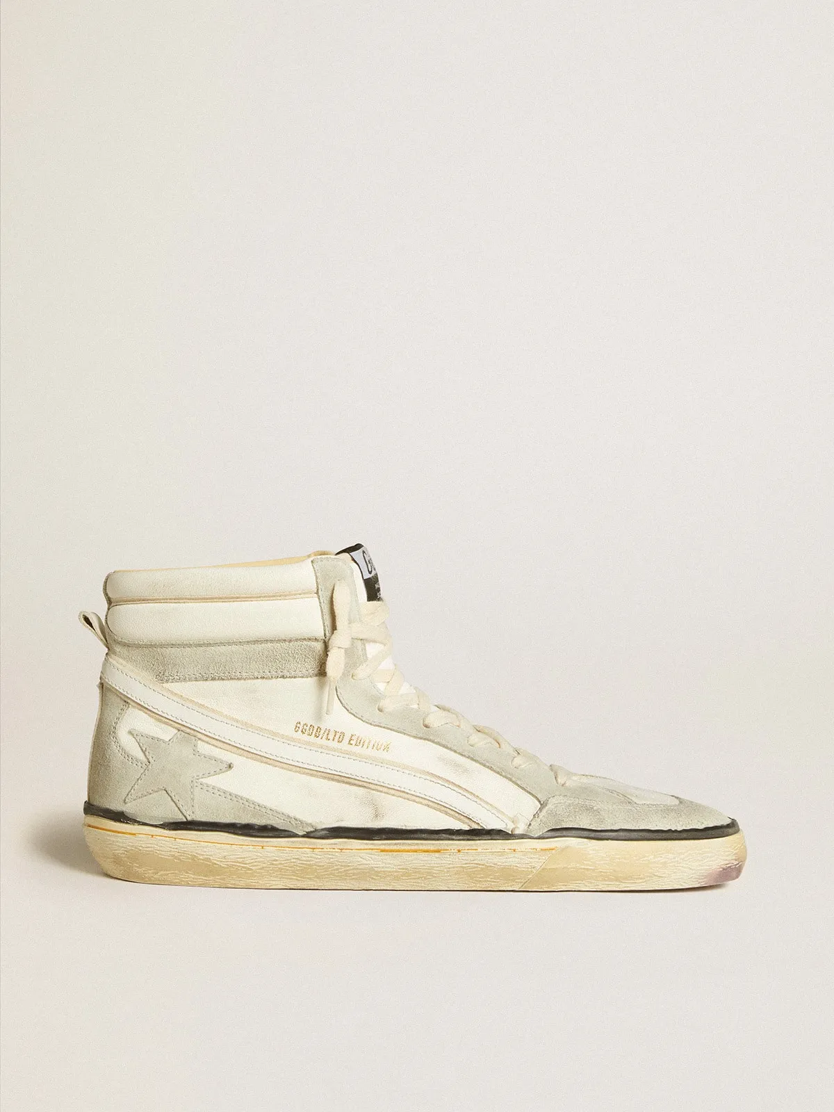 Slide LAB en cuir nappa blanc vieilli avec étoile en cuir velours gris et virgule en cuir blanc | Golden Goose