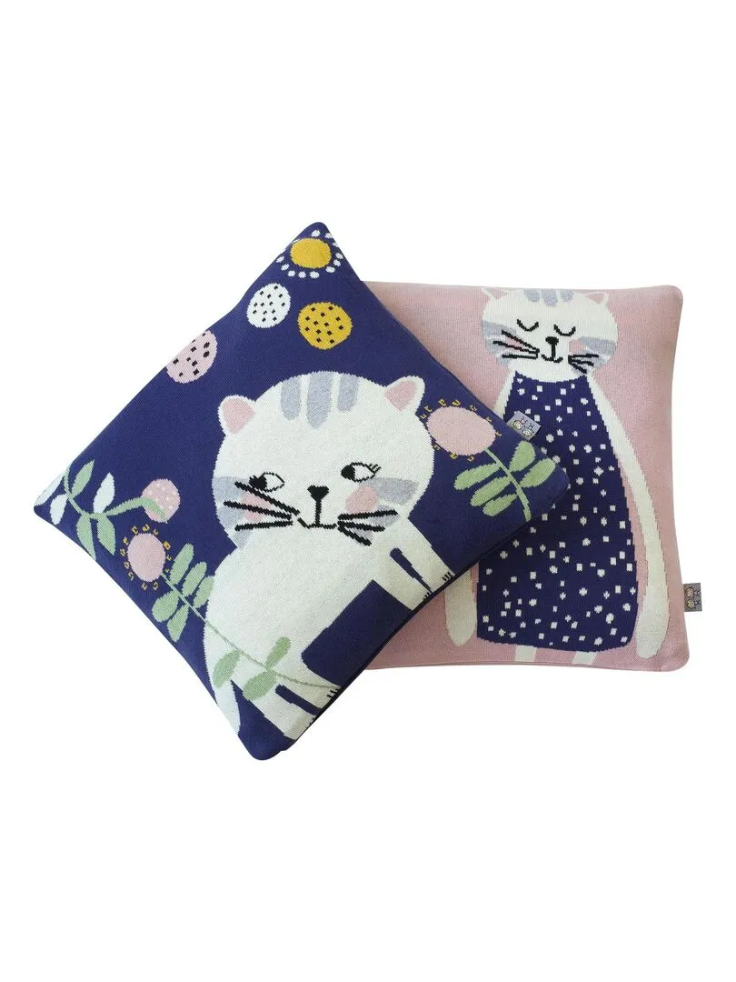 Taie de coussin en tricot de coton, Chaton SEVIRA KIDS - Bleu